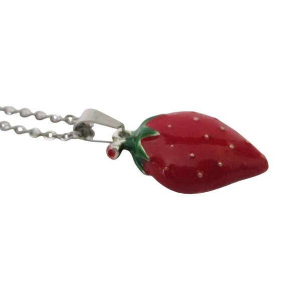 New Strawberry Pendant Necklace on 19" Chain - Red Berry Enamel Jewelry Gift - Picture 4 of 6